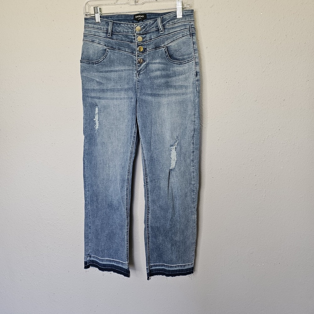 Bebe Womens High Rise Straight Leg Distressed Jeans Blue Raw Hem Size 29
